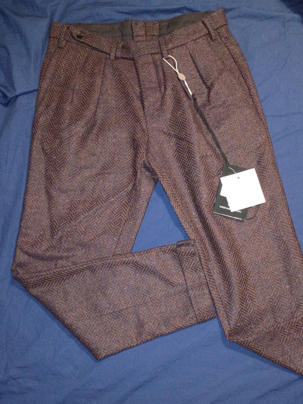 Michael Coal London | Men's Herringbone Brown & Blue Dress Pants 100% Wool New